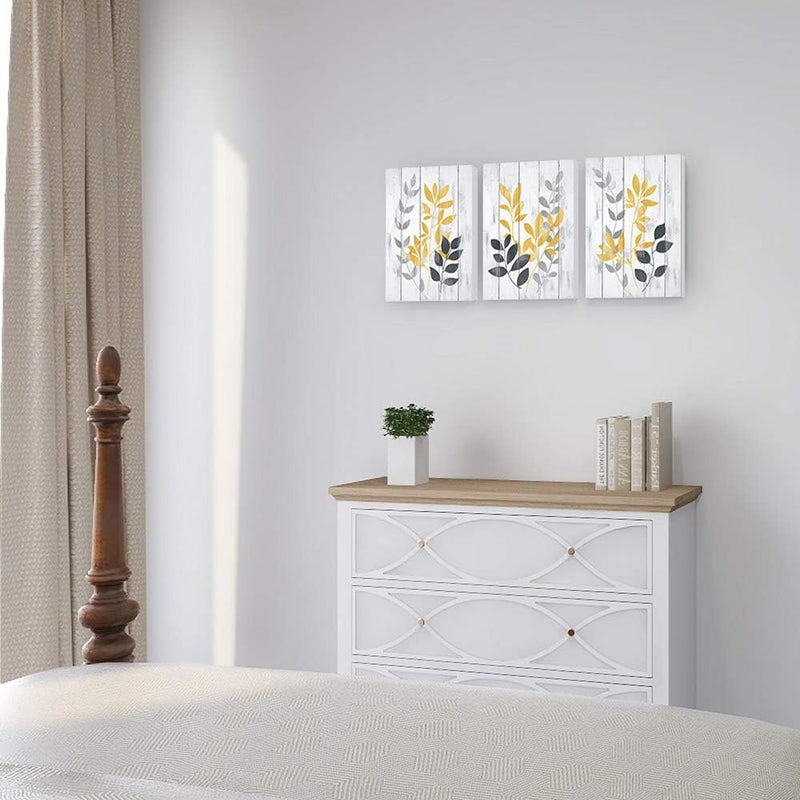 SUMGAR Yellow Wall Art Leaf Flower Canvas Pictures Grey and Mustard Olive Leaves Rustic Print Plant Painting Artwork Wall Decor for Bathroom Bedroom 30x40cm, 3 Panels - Image 4