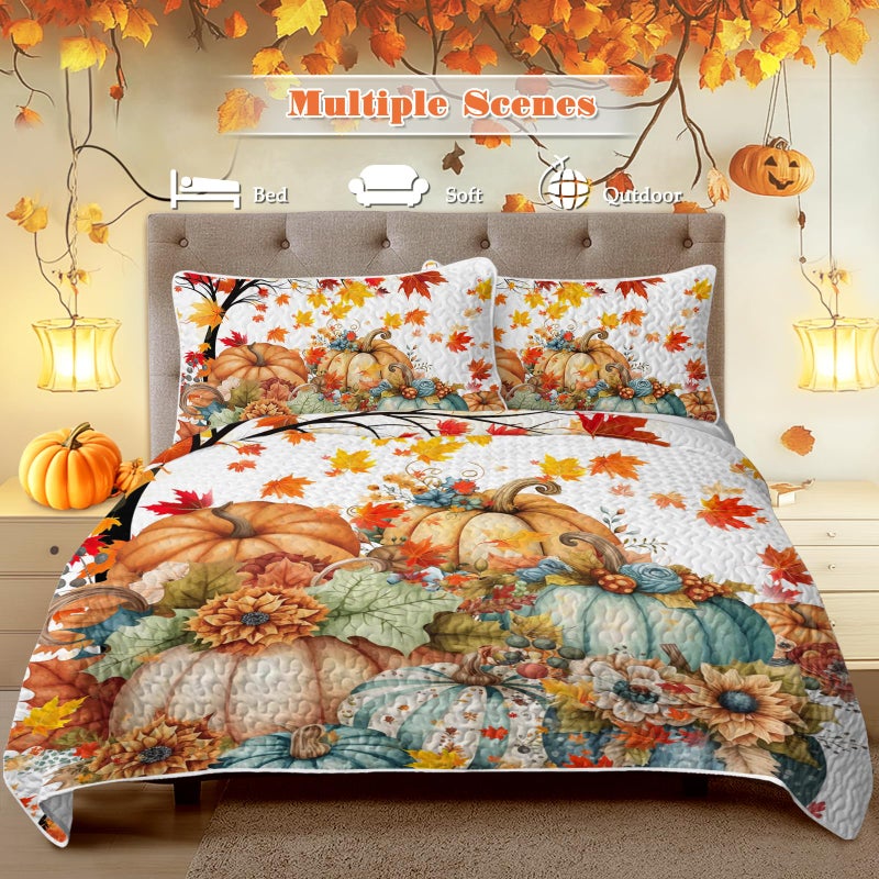 BlessLiving 3 Pieces Colorful Oil Painting Pumpkin Pattern Quilt Set Queen Size for All Seasons Flower Fall Leaves Bedding Set with 2 Pillowcases for Kids Adults Thanksgiving Day Gifts - Image 3