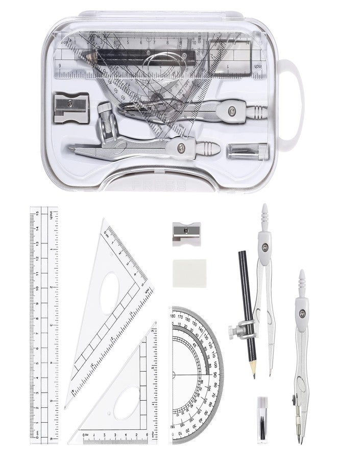 Unjoo Math Geometry Sets 10 Piece Student Supplies with Shatterproof Storage Box,Includes Rulers,Protractor,Compass,Eraser,Pencil Sharpener,Lead Refills,Pencil,for Drafting and Drawings（Grey） - Image 2