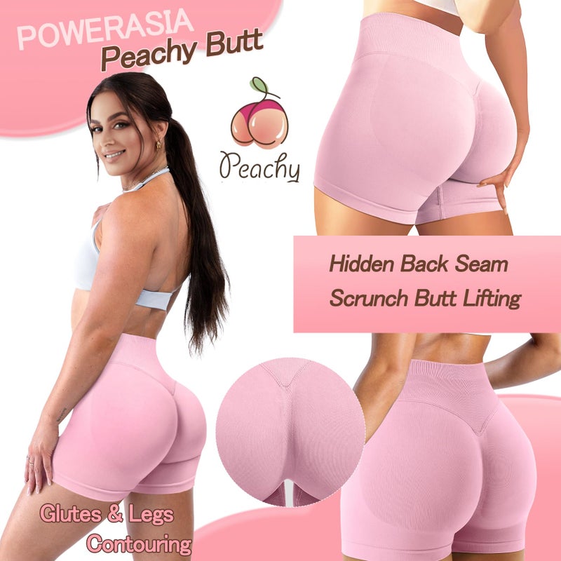 POWERASIA 4.5" Workout Impact Shorts Hidden Scrunch Butt Lifting Gym Booty Biker Shorts for Women Tummy Control Pink - Image 4