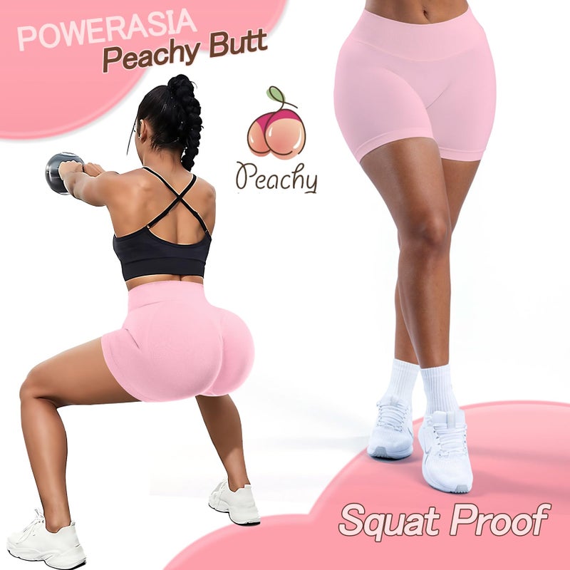 POWERASIA 4.5" Workout Impact Shorts Hidden Scrunch Butt Lifting Gym Booty Biker Shorts for Women Tummy Control Pink - Image 5