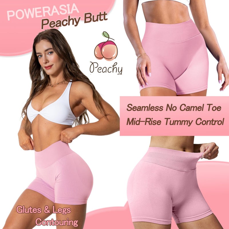 POWERASIA 4.5" Workout Impact Shorts Hidden Scrunch Butt Lifting Gym Booty Biker Shorts for Women Tummy Control Pink - Image 3