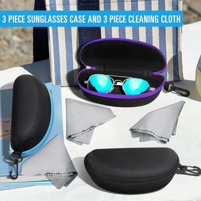 ZONLY 3 Pack Sunglasses Case Portable Travel Zipper Eyeglasses Case Hook With Cleaning Cloth - Image 2