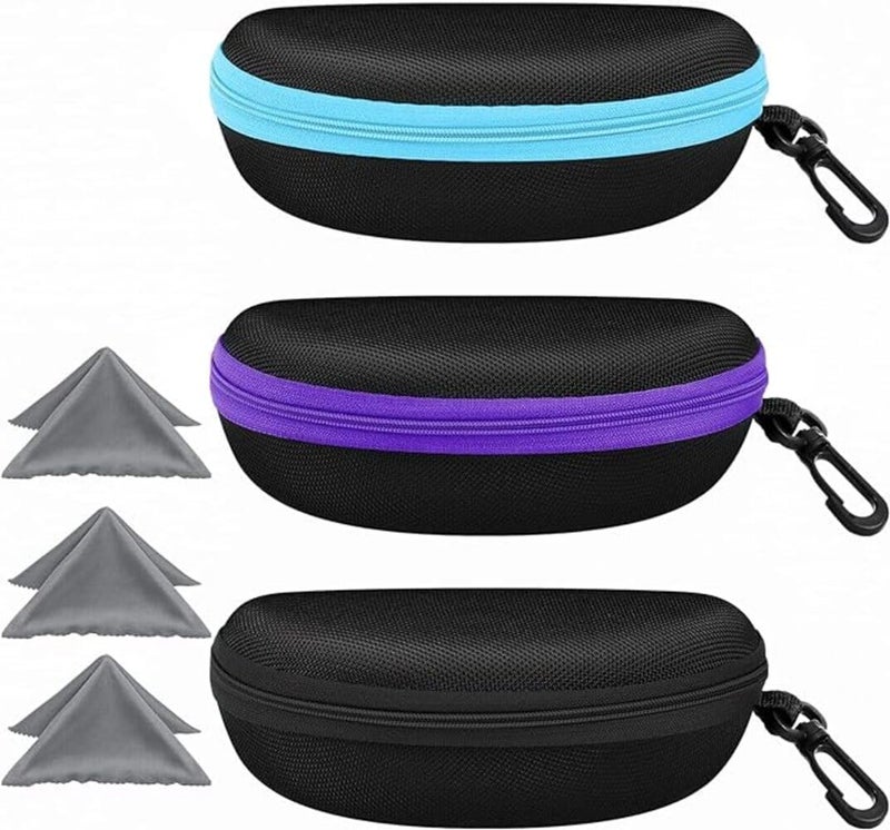 ZONLY 3 Pack Sunglasses Case Portable Travel Zipper Eyeglasses Case Hook With Cleaning Cloth - Image 1