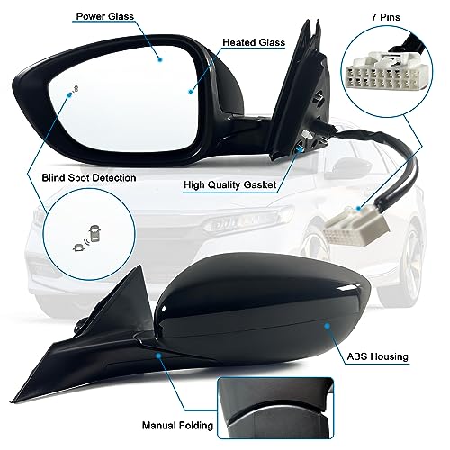 Lqito Left Driver Mirror Fits 2018-2022 Honda Accord LX, Sport With Power Glass， Heated Blind， Spot Detection and Manual Folding Match to Crystal Black Pearl Replace HO1320329 (7Pins) - Image 2