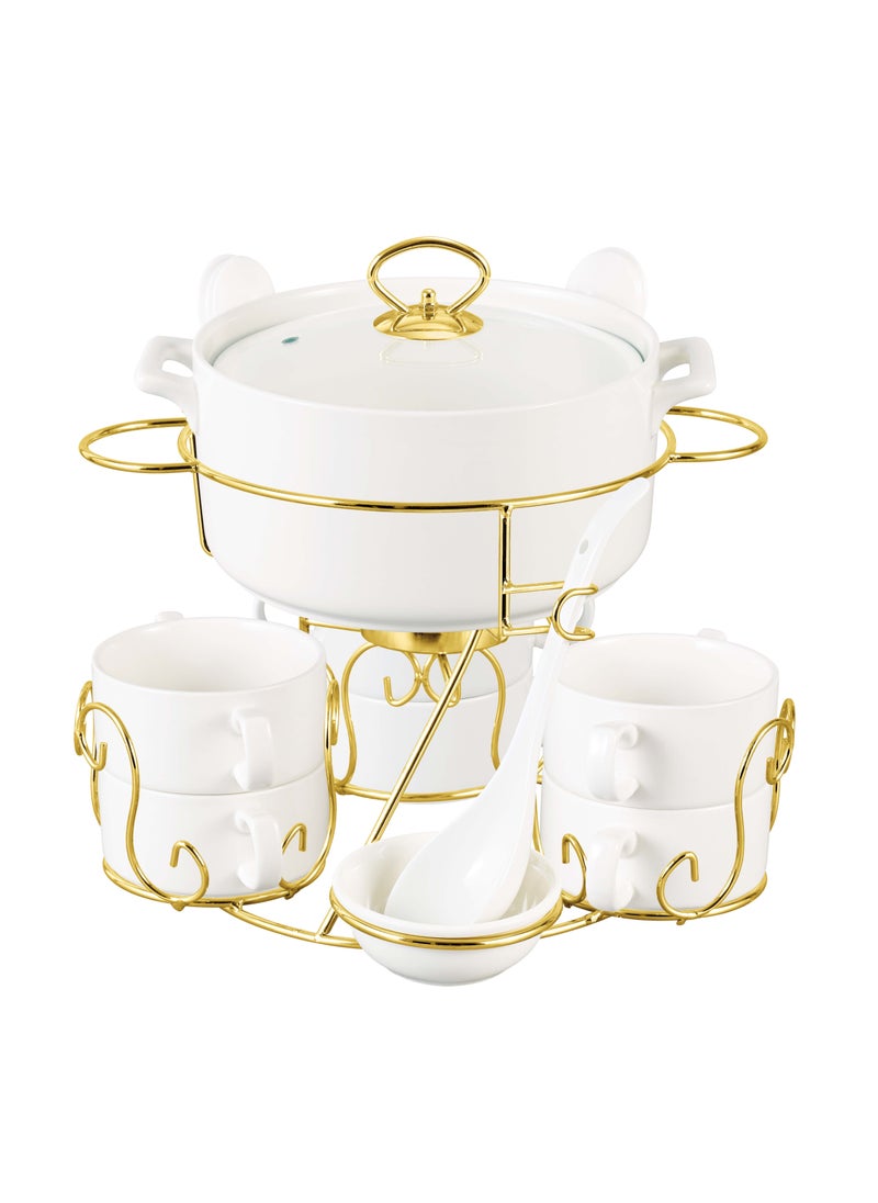 Shallow Shallow Bone China Porcelain 17-Piece Soup Set - White and Gold Elegance - CX1526-WH  - Image 1