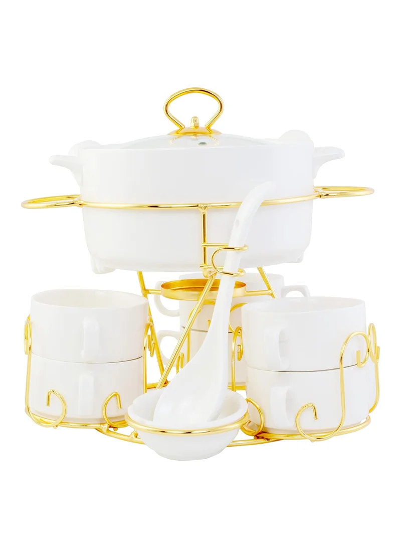 Shallow Shallow Bone China Porcelain 17-Piece Soup Set - White and Gold Elegance - CX1526-WH