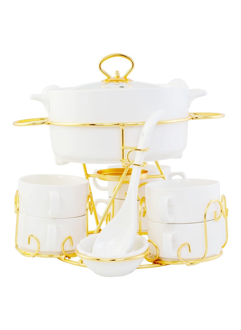 Shallow Shallow Bone China Porcelain 17-Piece Soup Set - White and Gold Elegance - CX1526-WH  - Image 2