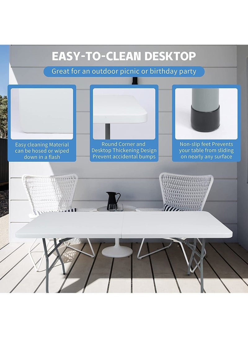 يوريفو طاولة تخييم خارجية خفيفة الوزن قابلة للطي مقاس 120 × 60 × 75 سم من البلاستيك شديد التحمل في الهواء الطلق قابلة للطي طاولة نزهة قابلة للطي لحفلات الشواء يمكن طيها بنصف مع مقبض حمل أبيض - Image 5