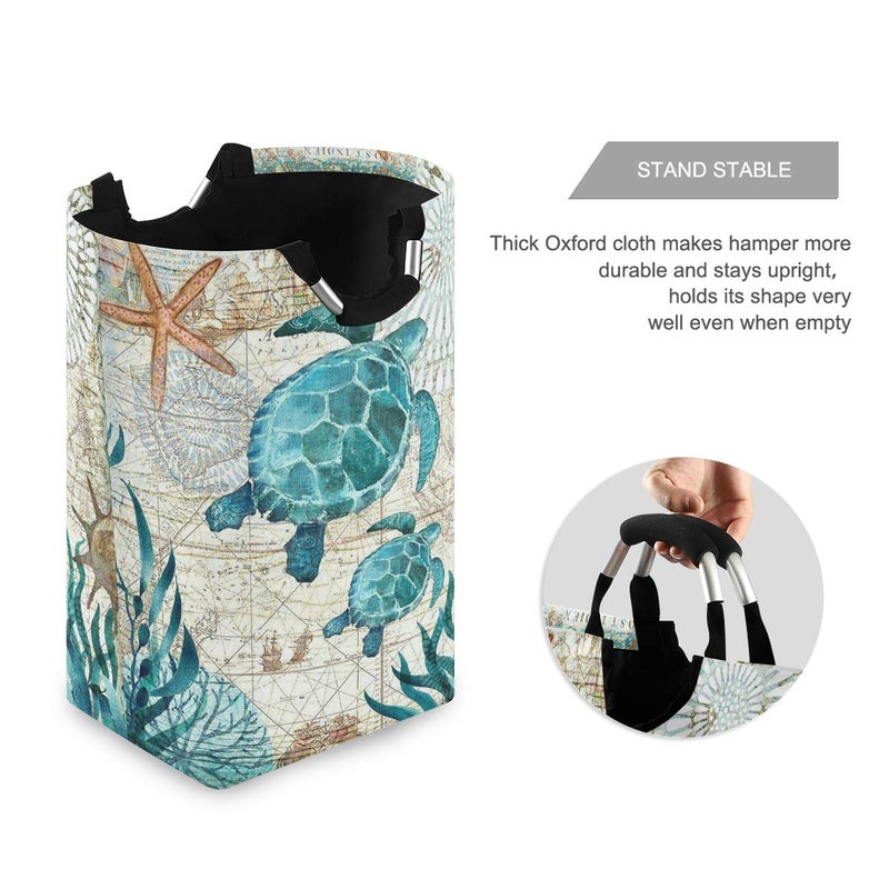 senya Vintage Ocean Sea Turtle Starfish Map Large Storage Basket with Handles Collapsible Organizer Bin Laundry Hamper for Nursery Clothes Toys - Image 2