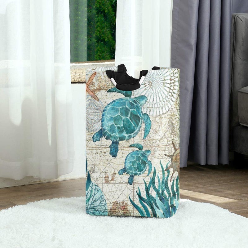 senya Vintage Ocean Sea Turtle Starfish Map Large Storage Basket with Handles Collapsible Organizer Bin Laundry Hamper for Nursery Clothes Toys - Image 4