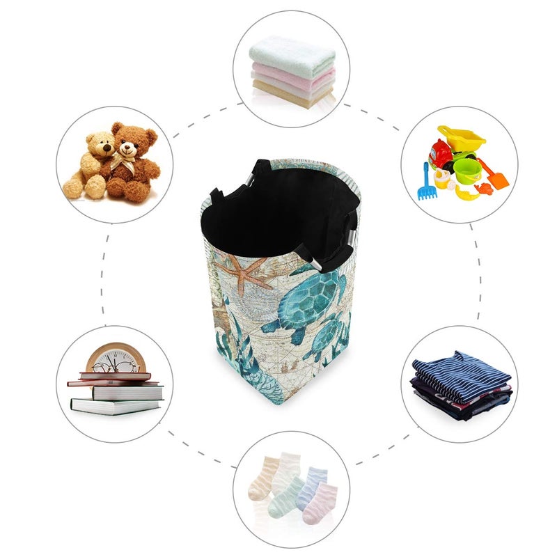 senya Vintage Ocean Sea Turtle Starfish Map Large Storage Basket with Handles Collapsible Organizer Bin Laundry Hamper for Nursery Clothes Toys - Image 5