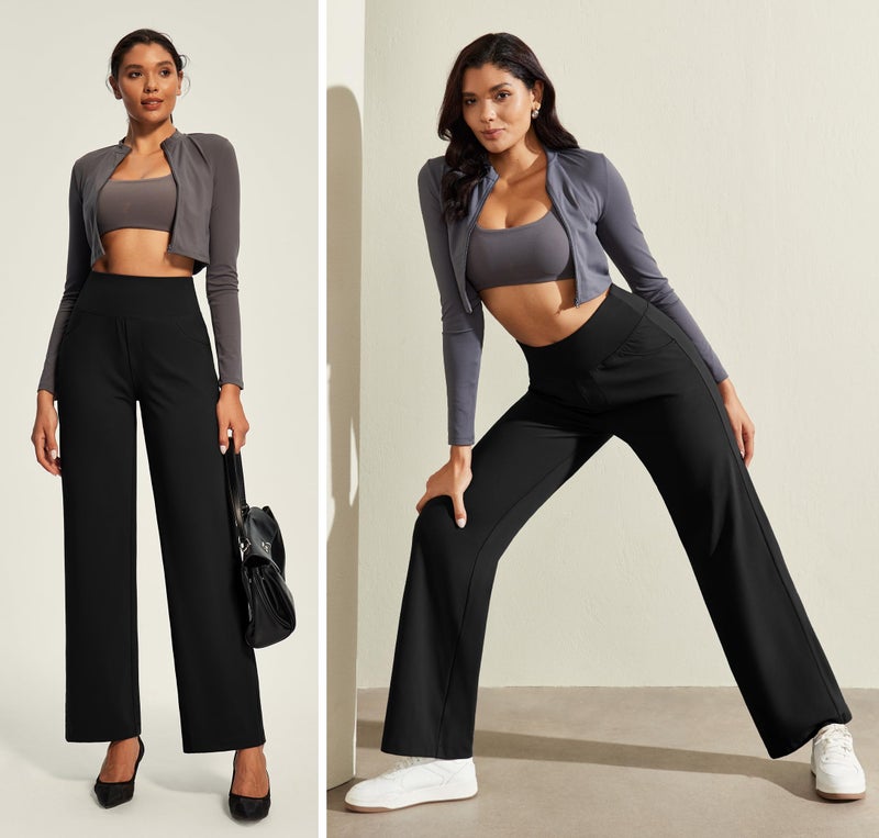 IUGA Yoga Pants Women Wide Leg Pants with Pockets High Waist Stretch Tummy Control Dress Casual Sweatpants Black - Image 3