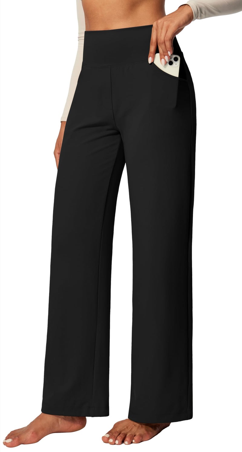 IUGA Yoga Pants Women Wide Leg Pants with Pockets High Waist Stretch Tummy Control Dress Casual Sweatpants Black - Image 1