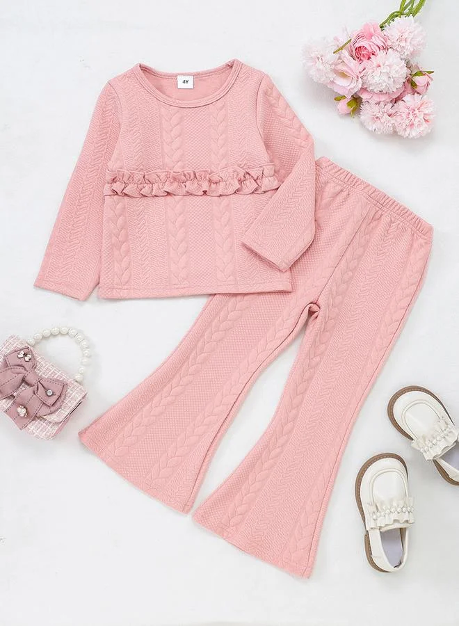Take Two Take Two Girl's Solid Texture Ruffle Hem Top With Flare Pants Set