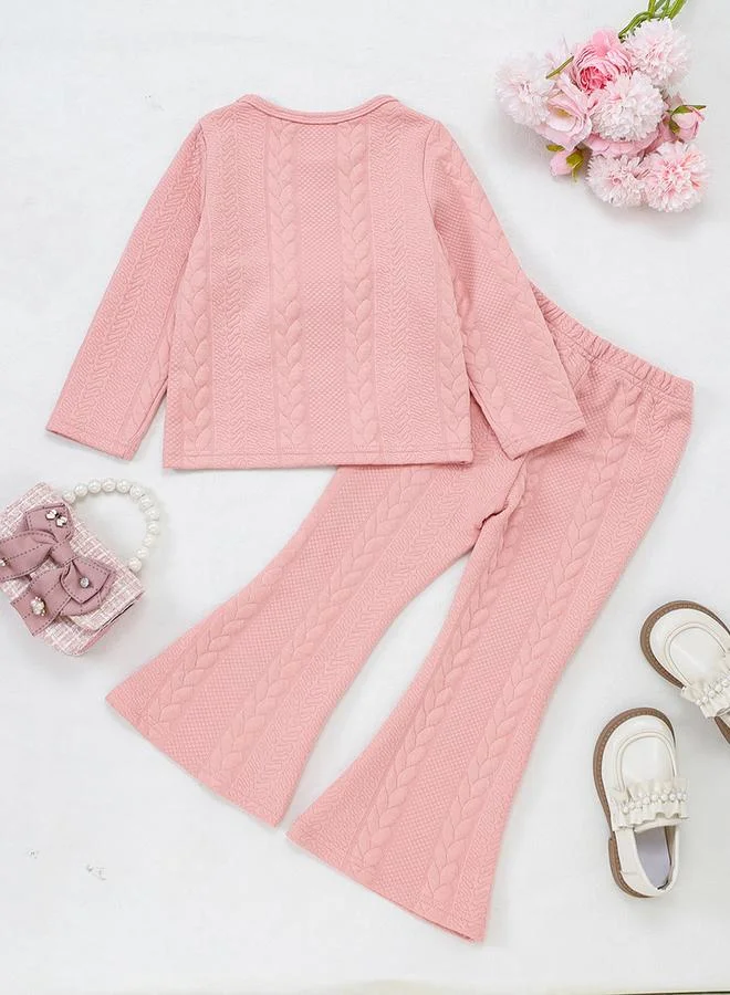 Take Two Take Two Girl's Solid Texture Ruffle Hem Top With Flare Pants Set