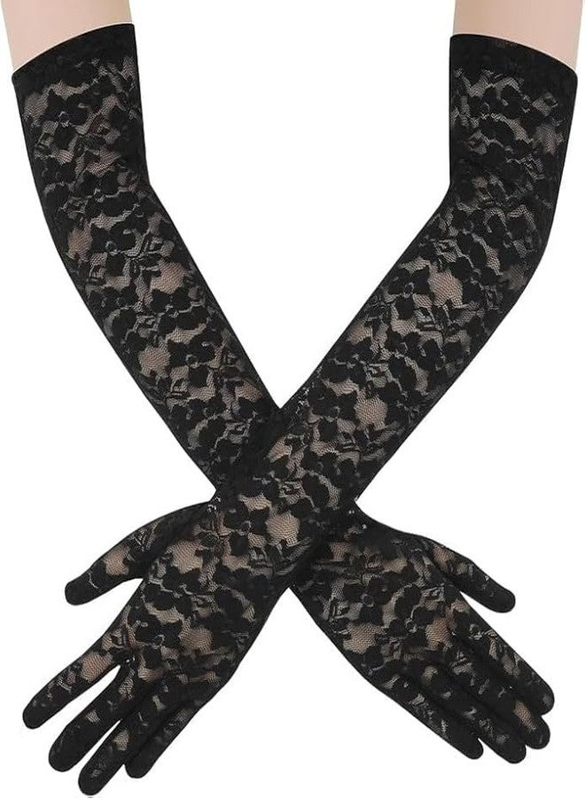 KETKAR Lace Gloves for Women Floral Opera Stretchy Elbow Length Gloves Party Costumes_Black - Image 1