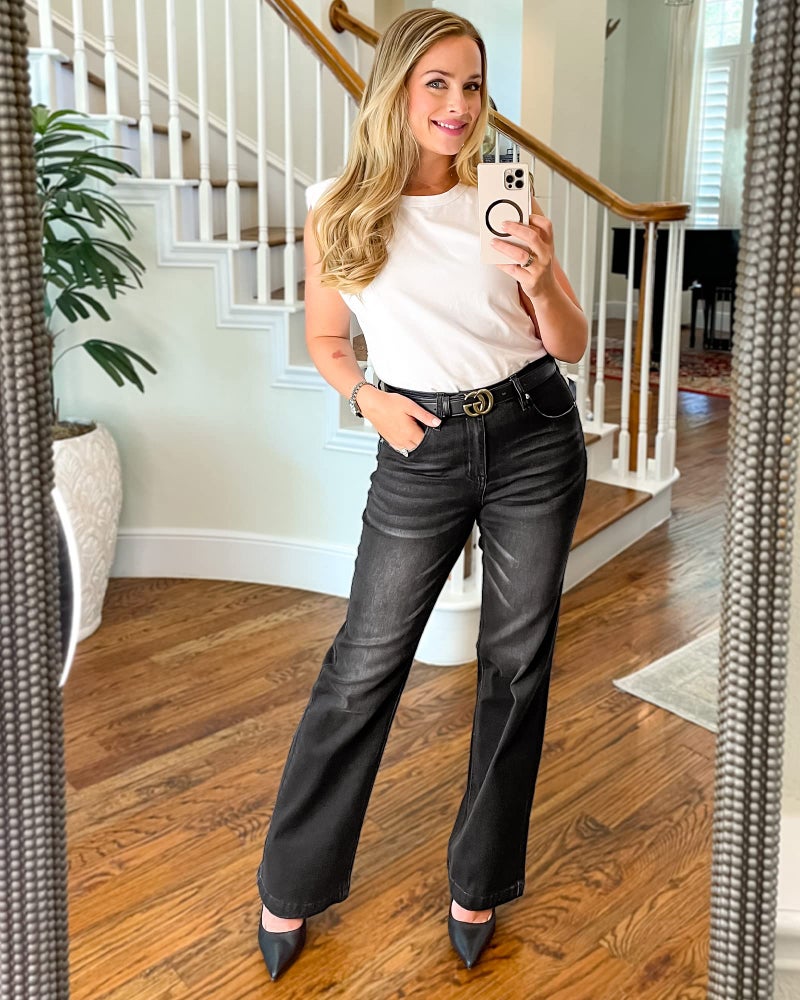 GRAPENT Women Jeans High Waist Cowgirl Pants for Waisted Wide Leg Black Bell Bottom Women's Soft Stretchy Color Size Small 4-6 - Image 4