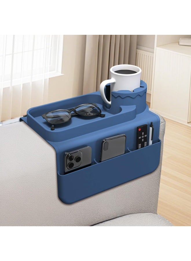 Couch Cup Holder Tray, Silicone Sofa Armrest organizer with Assesory Side Pockets for storage Remotes, Cell-phone,Tablet or Snack, Anti-Spill and Anti-Slip Couch Drink Holder Caddy(Blue) - Image 1