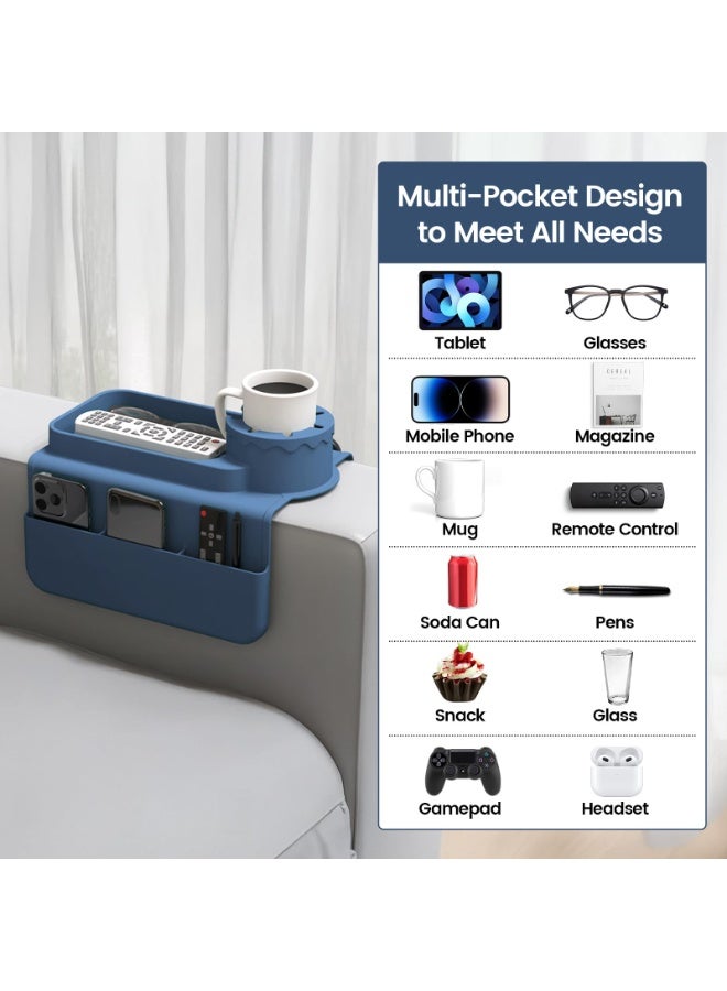 Couch Cup Holder Tray, Silicone Sofa Armrest organizer with Assesory Side Pockets for storage Remotes, Cell-phone,Tablet or Snack, Anti-Spill and Anti-Slip Couch Drink Holder Caddy(Blue) - Image 4