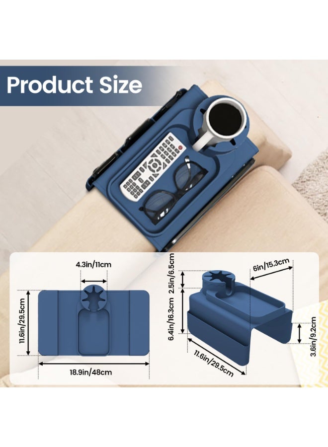 Couch Cup Holder Tray, Silicone Sofa Armrest organizer with Assesory Side Pockets for storage Remotes, Cell-phone,Tablet or Snack, Anti-Spill and Anti-Slip Couch Drink Holder Caddy(Blue) - Image 2