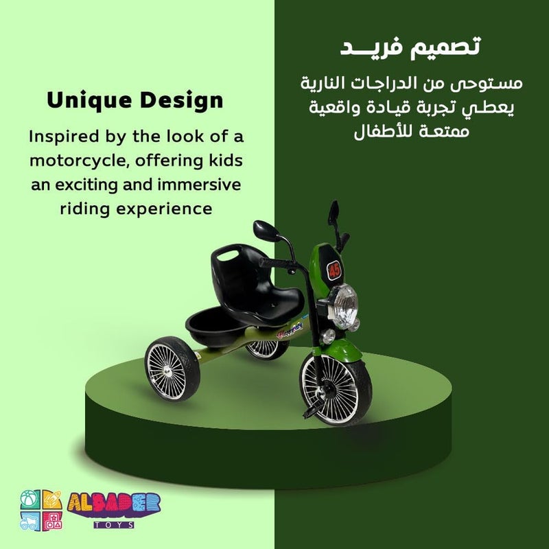 دراجة ALBADER بتصميم دراجة نارية، دراجة ثلاثية العجلات مع أضواء وتأثيرات موسيقية، دراجة أطفال للبنين والبنات، هدية رائعة للأطفال، دراجة ثلاثية للأطفال (غير مجمعة، أخضر) - Image 5