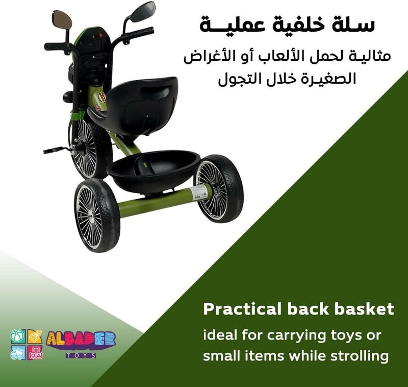 دراجة ALBADER بتصميم دراجة نارية، دراجة ثلاثية العجلات مع أضواء وتأثيرات موسيقية، دراجة أطفال للبنين والبنات، هدية رائعة للأطفال، دراجة ثلاثية للأطفال (غير مجمعة، أخضر) - Image 4