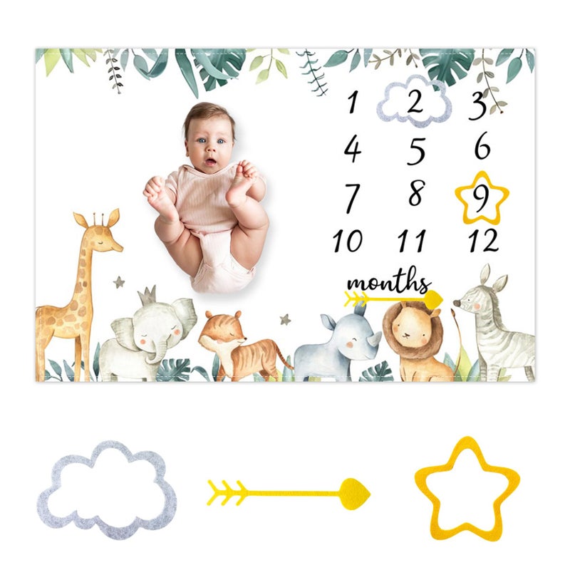 CSFOTO Jungle Animals Baby Monthly Milestone Blanket Tropical Plants Safari Themed Newborn Photography Props Neutral Personalized Shower Present Boys and Girls Recording Blanket 60"x40" with Frame - Image 1