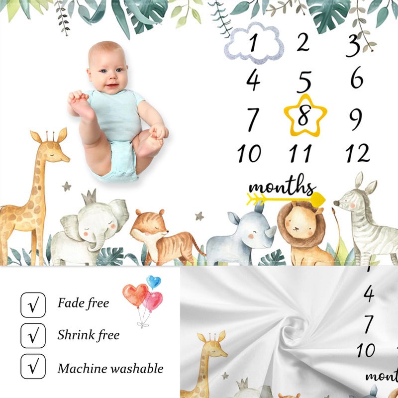 CSFOTO Jungle Animals Baby Monthly Milestone Blanket Tropical Plants Safari Themed Newborn Photography Props Neutral Personalized Shower Present Boys and Girls Recording Blanket 60"x40" with Frame - Image 5