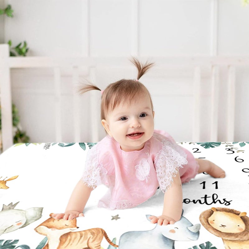 CSFOTO Jungle Animals Baby Monthly Milestone Blanket Tropical Plants Safari Themed Newborn Photography Props Neutral Personalized Shower Present Boys and Girls Recording Blanket 60"x40" with Frame - Image 4