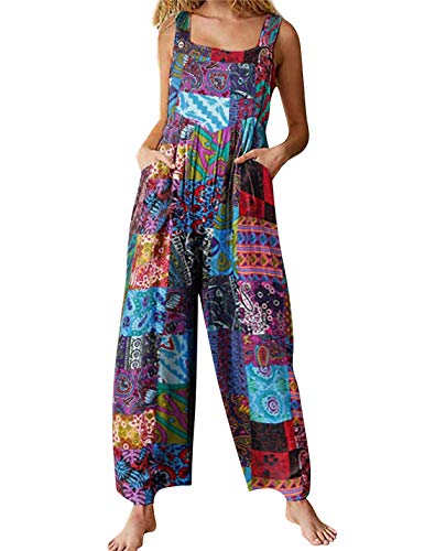 Himosyber Women's Patchwork Dual Pocket Jumpsuit Loose Floral Print Bohemian Wide Leg Bib Overall (#1Blue, XXL) - Image 1