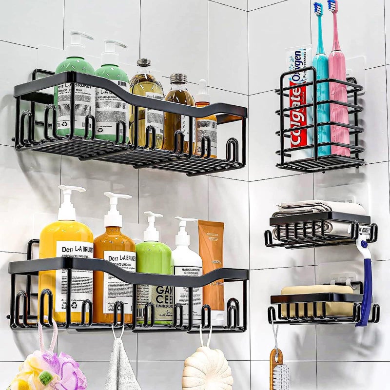 Dhadh Shower Shelf No Drilling Pack of 5 Shower Shelves Bathroom Shelf No Drilling Waterproof and Rustproof Shampoo Holder for Shower Basket with Hooks for Bathroom Kitchen Toilet Black - Image 1