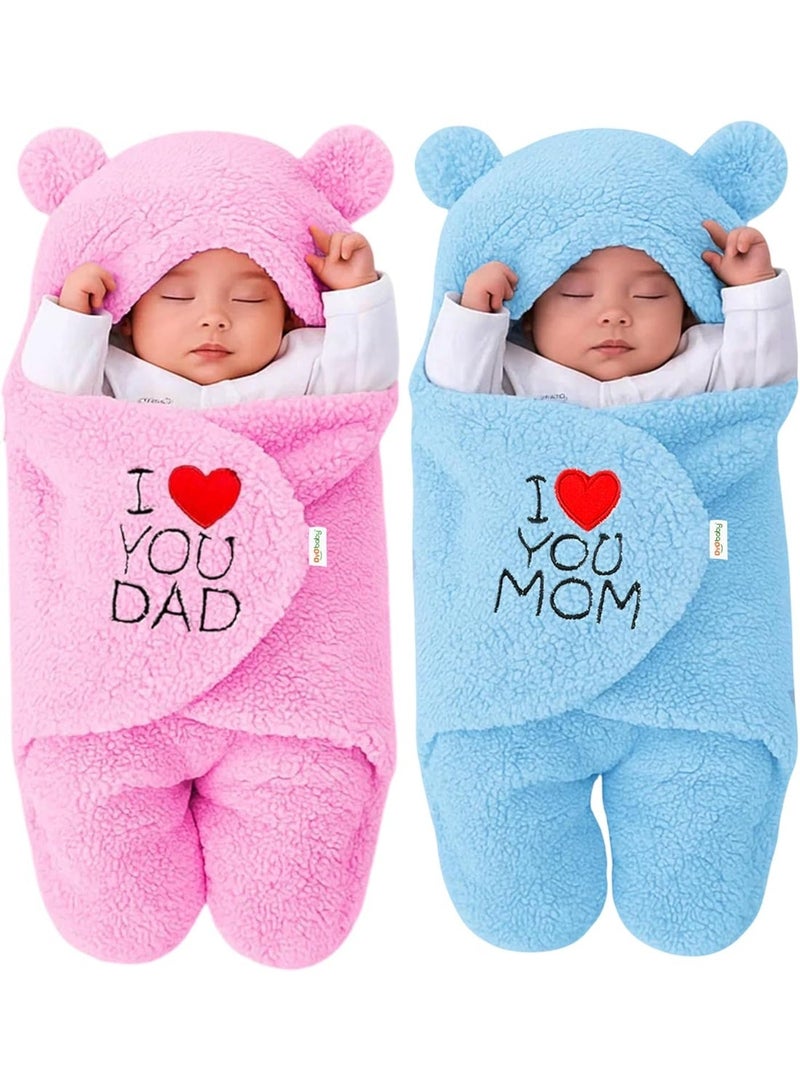 OYO BABY Newborn Combo Hooded Baby Blanket with Embroidery – Wearable Wrapper Sleeping Bag (0-6 Months, Pink & Blue, I Love DAD & MOM) - Image 1