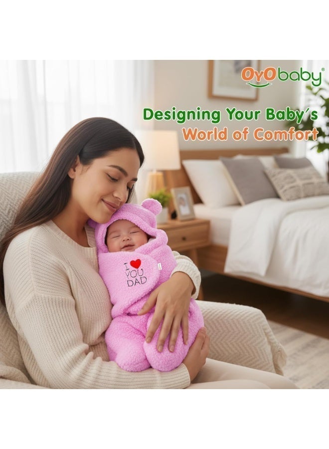 OYO BABY Newborn Combo Hooded Baby Blanket with Embroidery – Wearable Wrapper Sleeping Bag (0-6 Months, Pink & Blue, I Love DAD & MOM) - Image 2