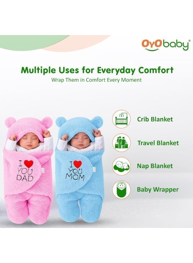OYO BABY Newborn Combo Hooded Baby Blanket with Embroidery – Wearable Wrapper Sleeping Bag (0-6 Months, Pink & Blue, I Love DAD & MOM) - Image 4
