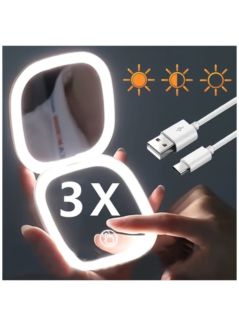 Generic Led Lighted Compact Mirror With 3X Magnification 3 Color Light Portable Mini Pocket Double Side Folding Makeup Vanity Mirror For Purses And Travel Office Gift - Image 1