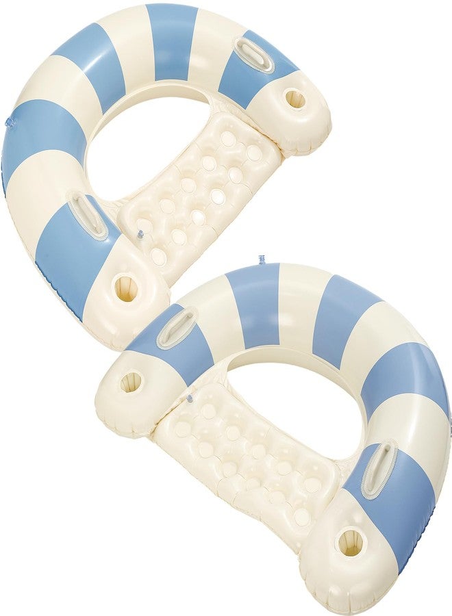 Baseo 2 Pack Pool Chairs with Cup Holders-Inflatable Pool Floats for Adult,Blow up Floats Chair,Striped Pool Float Chairs for Relaxing Summer Water Fun Swimming Party Supplies (Blue) - Image 1