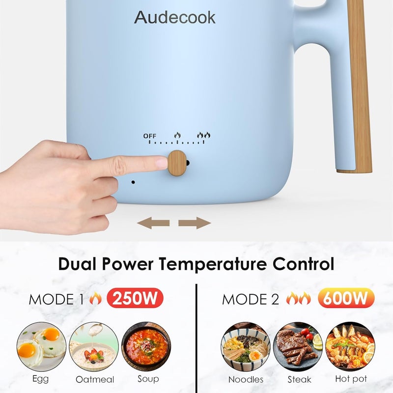 Audecook قدر كهربائي أوديكوك مع مبخرة، سعة 1.8 لتر، محمول، صغير للسفر، مقلاة كهربائية متعددة الوظائف غير لاصقة للقلي/الطبخ/البخار، مثالية لنودلز الرامن/المعكرونة/البيض/الحساء/الشوفان (أزرق) - Image 3