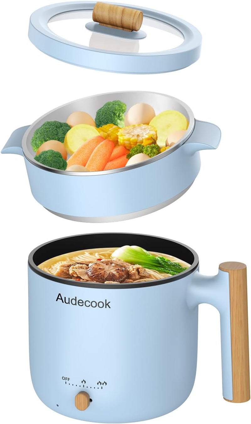 Audecook قدر كهربائي أوديكوك مع مبخرة، سعة 1.8 لتر، محمول، صغير للسفر، مقلاة كهربائية متعددة الوظائف غير لاصقة للقلي/الطبخ/البخار، مثالية لنودلز الرامن/المعكرونة/البيض/الحساء/الشوفان (أزرق) - Image 1