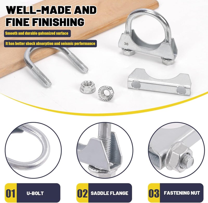 Mardatt 2Pcs 1-1/2"(38mm) Exhaust U Clamp, Muffler U-Bolt Clamps, U Bolt Saddle Exhaust Clamp, U Bolt Muffler Tip Exhaust Hook Exhaust Clip U Bolt Clamp for Exhaust System - Image 3