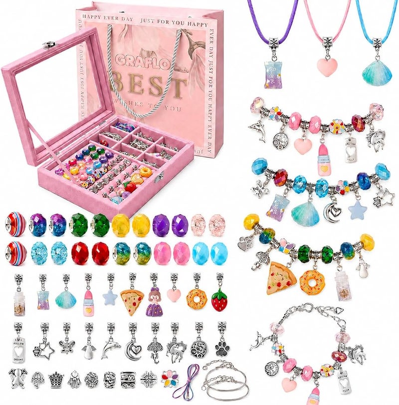 GRAFLO Bracelet Making Kit for Girls, Charm Bracelets Kit with 66pcs Beads with Jewelry Box, Elegant Clay Set for DIY Craft, Gift for Adolescent & Kids, for 6-12 Years Old (Silver & Rainbow) - Image 1