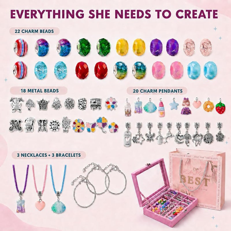 GRAFLO Bracelet Making Kit for Girls, Charm Bracelets Kit with 66pcs Beads with Jewelry Box, Elegant Clay Set for DIY Craft, Gift for Adolescent & Kids, for 6-12 Years Old (Silver & Rainbow) - Image 3