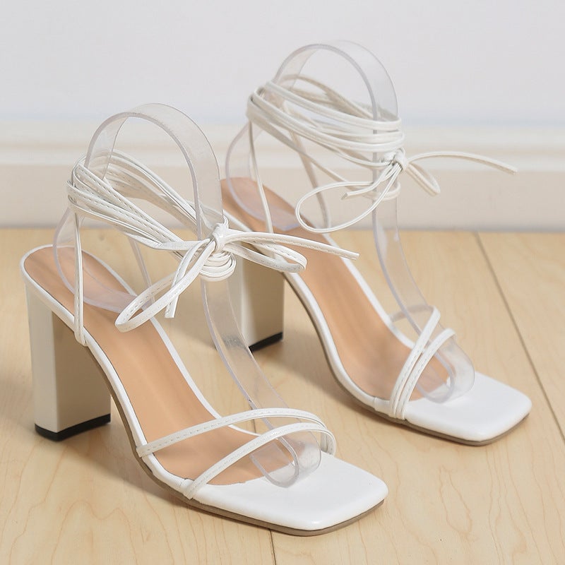 2024 Plus Size Sandals Womens Chunky Heel Lace-Up White