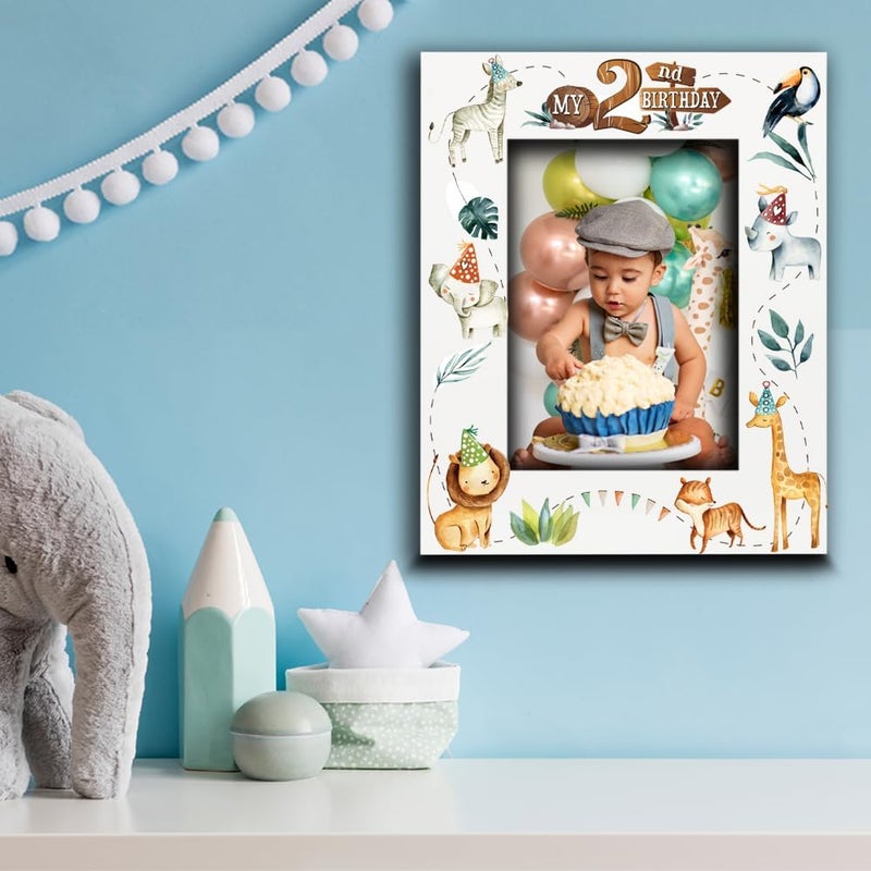 BELLA BUSTAMy 2nd Birthday Picture Frame Second Birthday Baby Boy Girl Safari Animals Theme Lions Elephants and GiraffesUV Print Safari 5x7 Vertical - Image 3