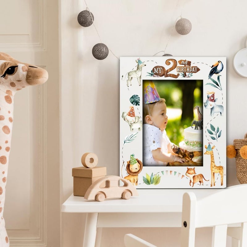 BELLA BUSTAMy 2nd Birthday Picture Frame Second Birthday Baby Boy Girl Safari Animals Theme Lions Elephants and GiraffesUV Print Safari 5x7 Vertical - Image 2