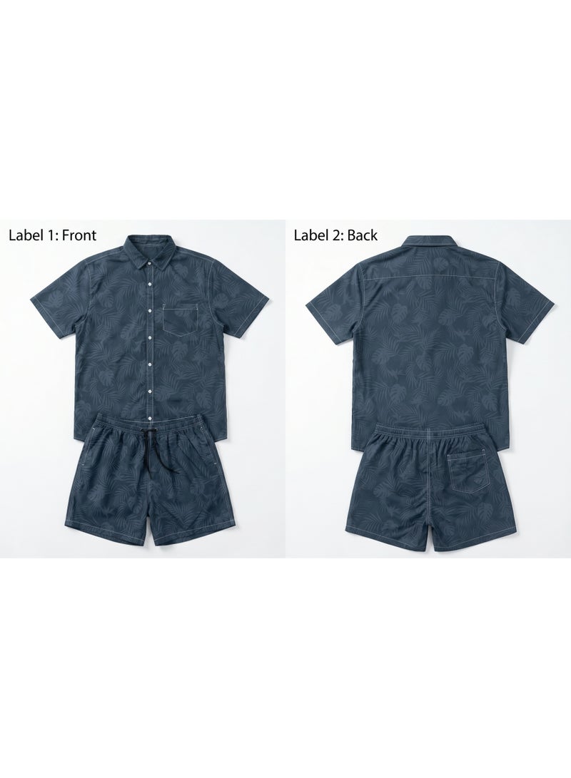 IceZone Men's 2 Piece Matching Set, Slate Palm Dark Blue Print, Short Sleeve Button Up Shirt & Quick Dry Swim Shorts, Summer Beach Outfit - Image 4