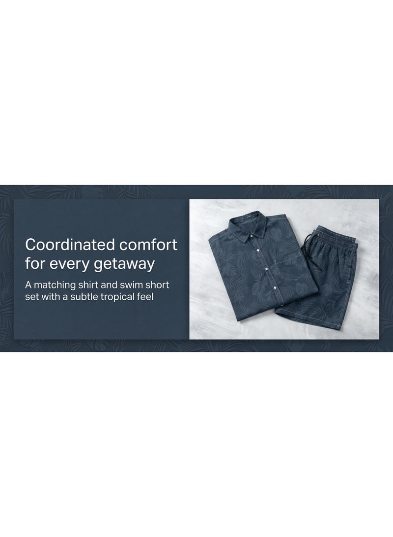 IceZone Men's 2 Piece Matching Set, Slate Palm Dark Blue Print, Short Sleeve Button Up Shirt & Quick Dry Swim Shorts, Summer Beach Outfit - Image 5