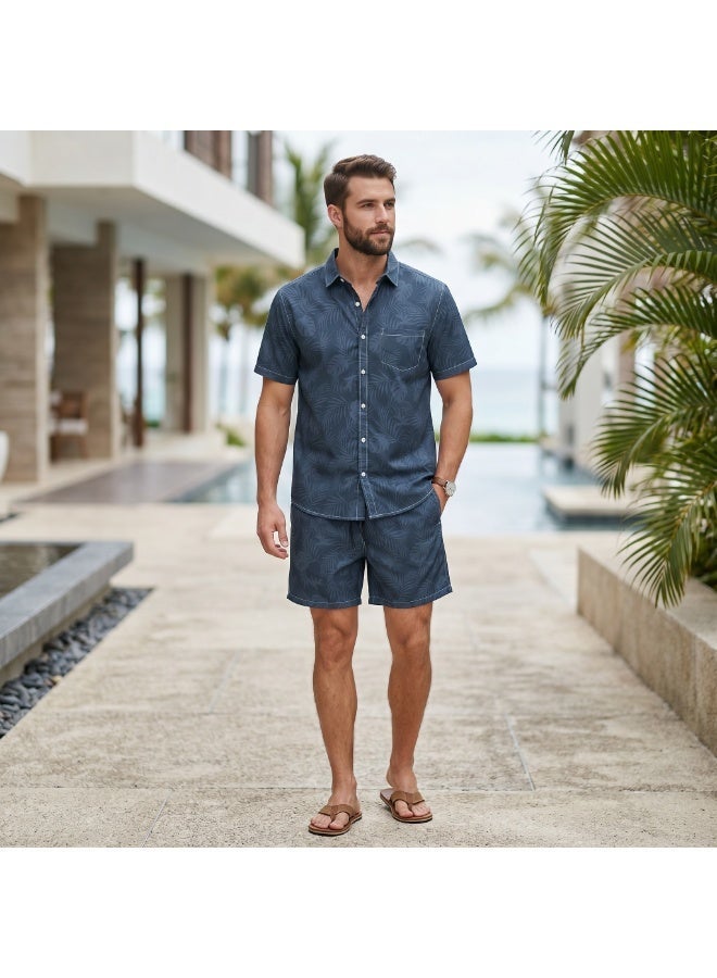 IceZone Men's 2 Piece Matching Set, Slate Palm Dark Blue Print, Short Sleeve Button Up Shirt & Quick Dry Swim Shorts, Summer Beach Outfit - Image 1