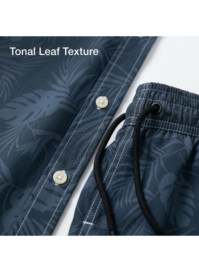 IceZone Men's 2 Piece Matching Set, Slate Palm Dark Blue Print, Short Sleeve Button Up Shirt & Quick Dry Swim Shorts, Summer Beach Outfit - Image 3