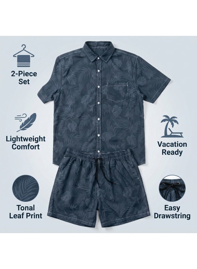 IceZone Men's 2 Piece Matching Set, Slate Palm Dark Blue Print, Short Sleeve Button Up Shirt & Quick Dry Swim Shorts, Summer Beach Outfit - Image 2